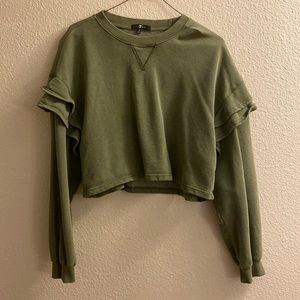 Olive green cropped, long sleeve, sweater with ruffle sleeve